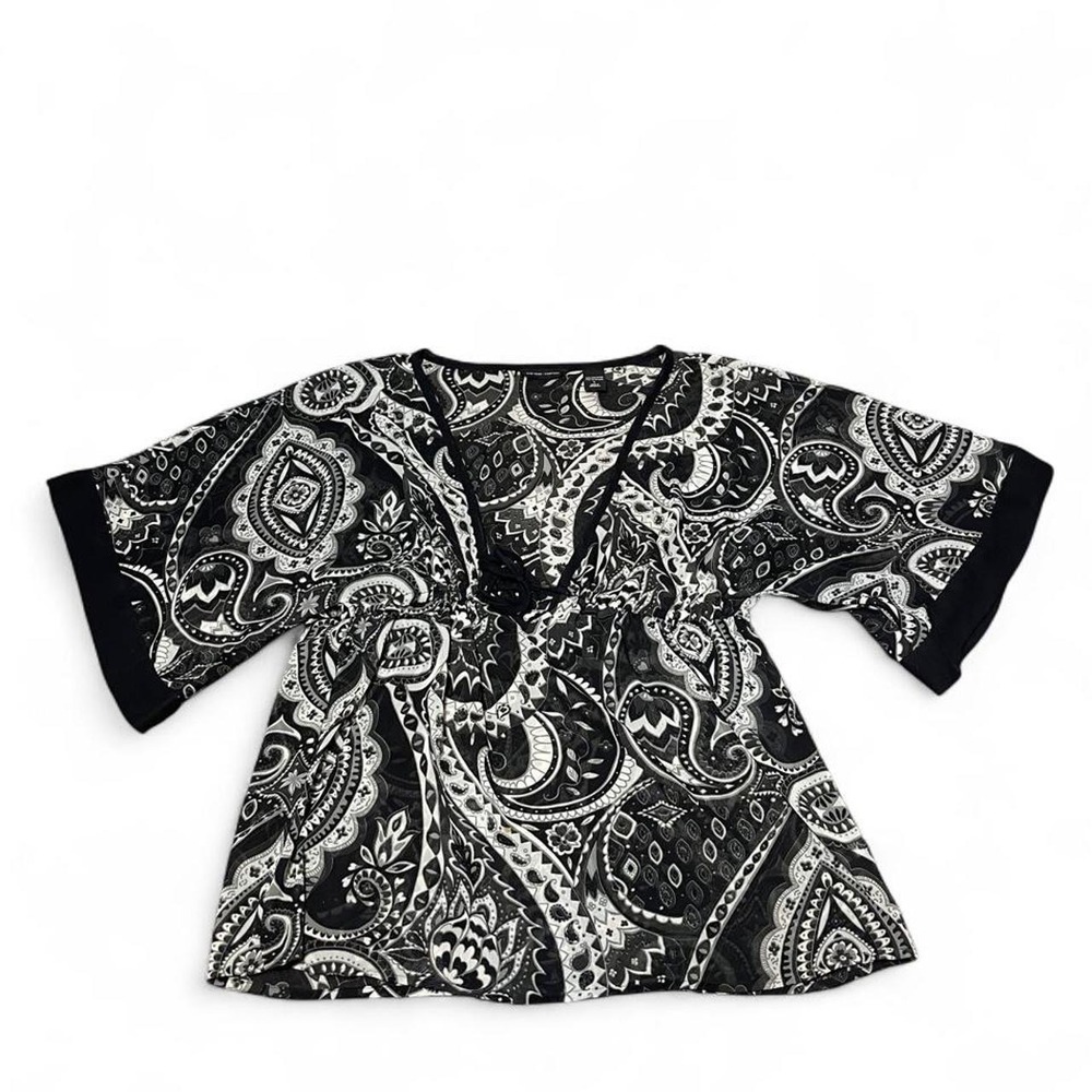 sheer black & white paisley blouse with tie waist detail